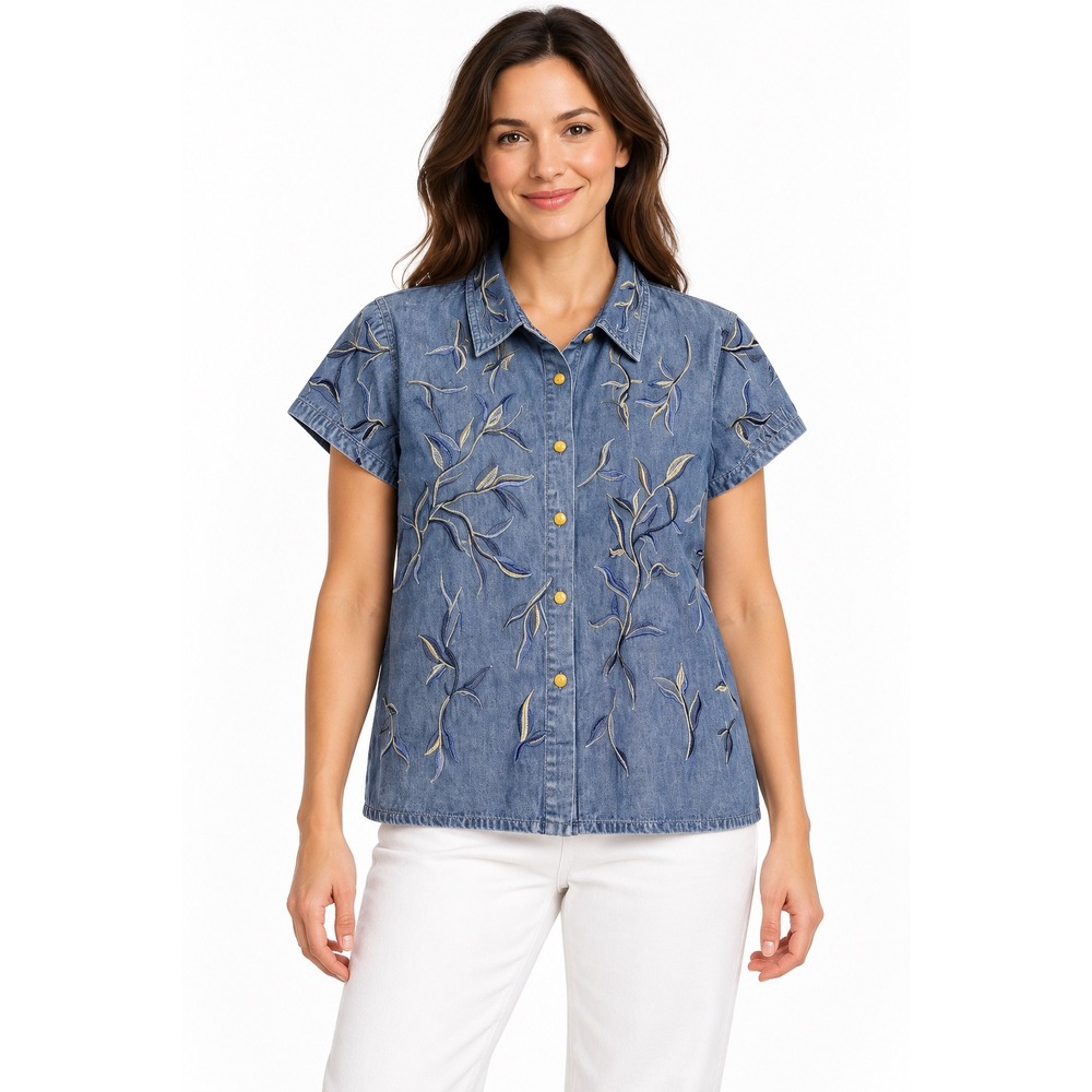 Together! Vintage Denim Short Sleeve Embroidered Leaf Snap Front Shirt Medium